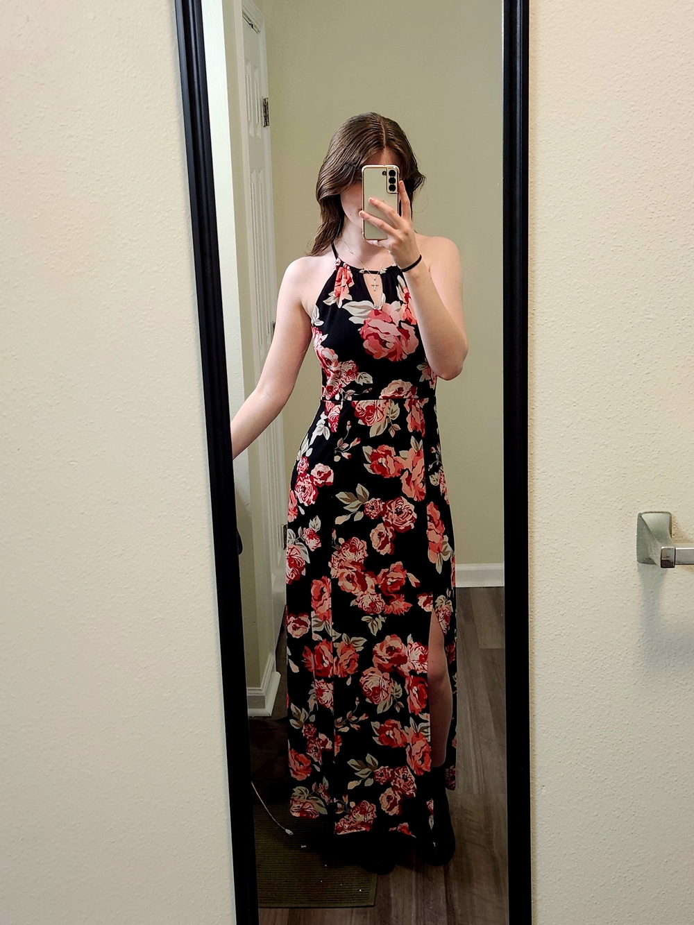 Floral Halter Maxi Dress in Black and Rose